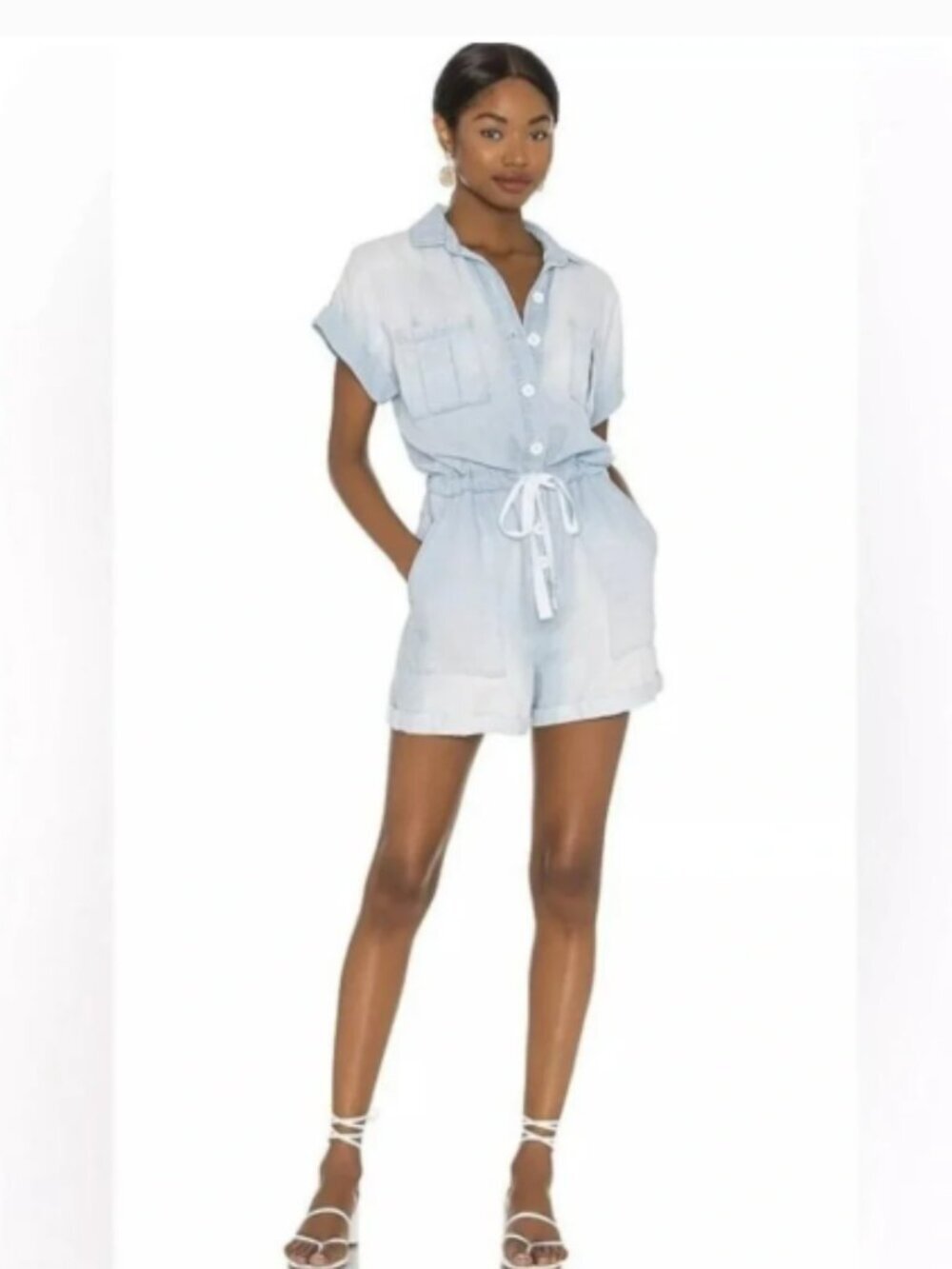 Anthropologie Cloth & Stone Blue Chambray Utility Shorts Romper size Large